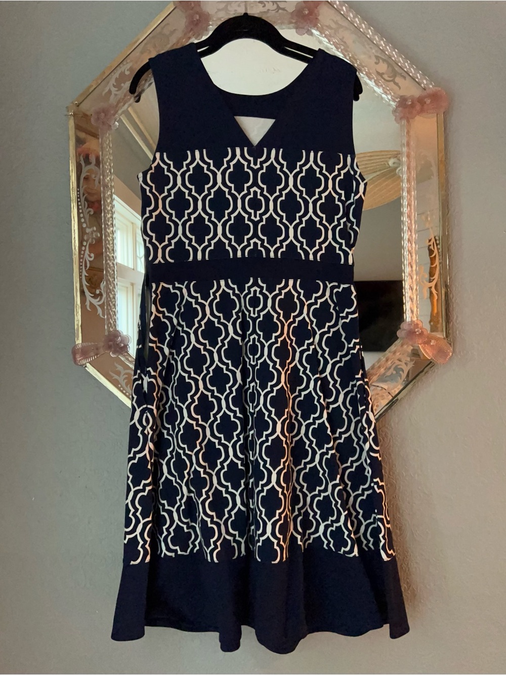 Lands' End Navy and White Sleeveless Fit-and-Flare Ponte Knit Midi Dress